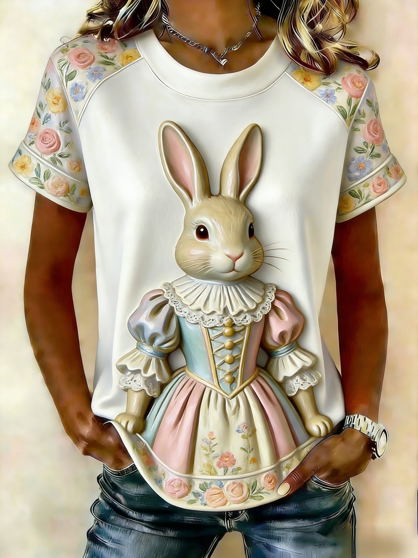 Damen Retro Niedliches Häschen Ostern Lässiges Kurzarm-T-Shirt