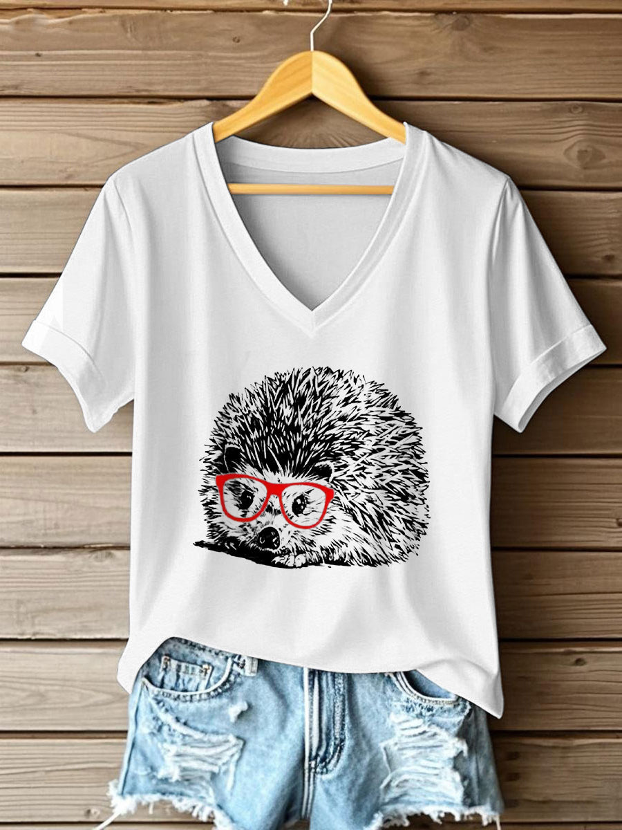 Damen süßes Igel-Print Kurzarm-T-Shirt