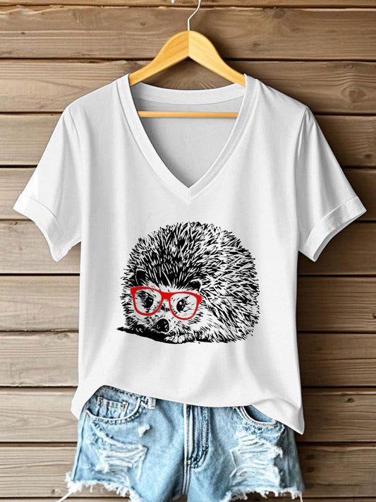Damen süßes Igel-Print Kurzarm-T-Shirt