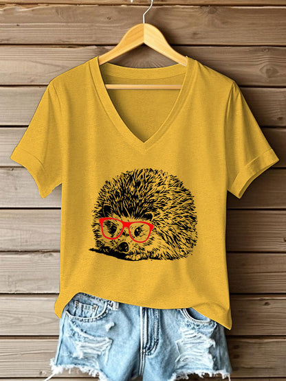 Damen süßes Igel-Print Kurzarm-T-Shirt