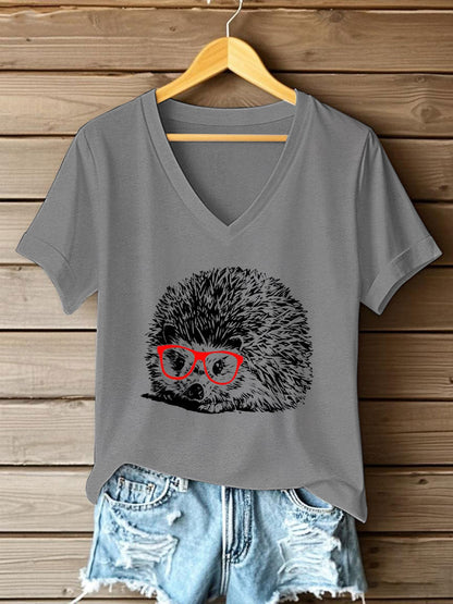 Damen süßes Igel-Print Kurzarm-T-Shirt