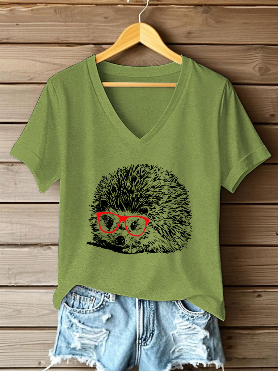 Damen süßes Igel-Print Kurzarm-T-Shirt