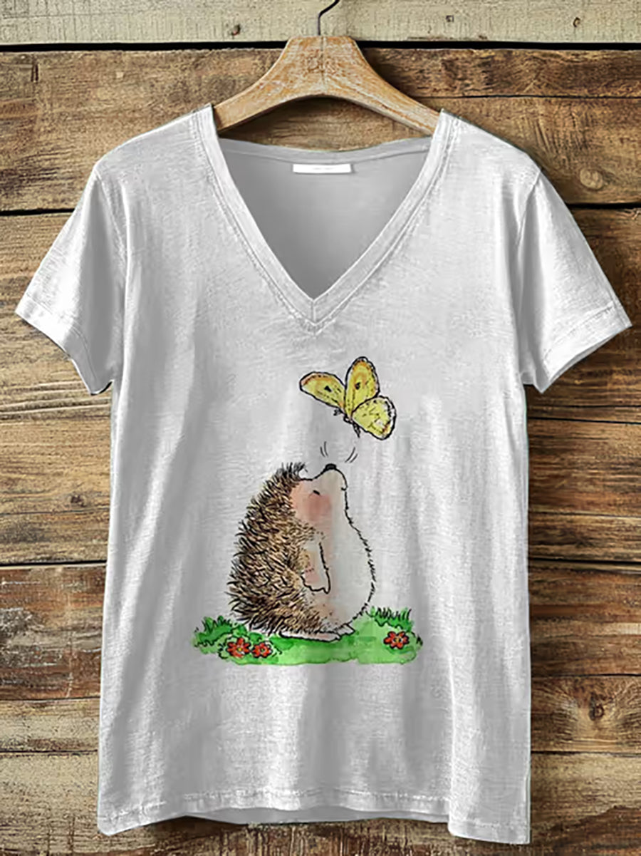Damen süßes Igel-Print Kurzarm-T-Shirt