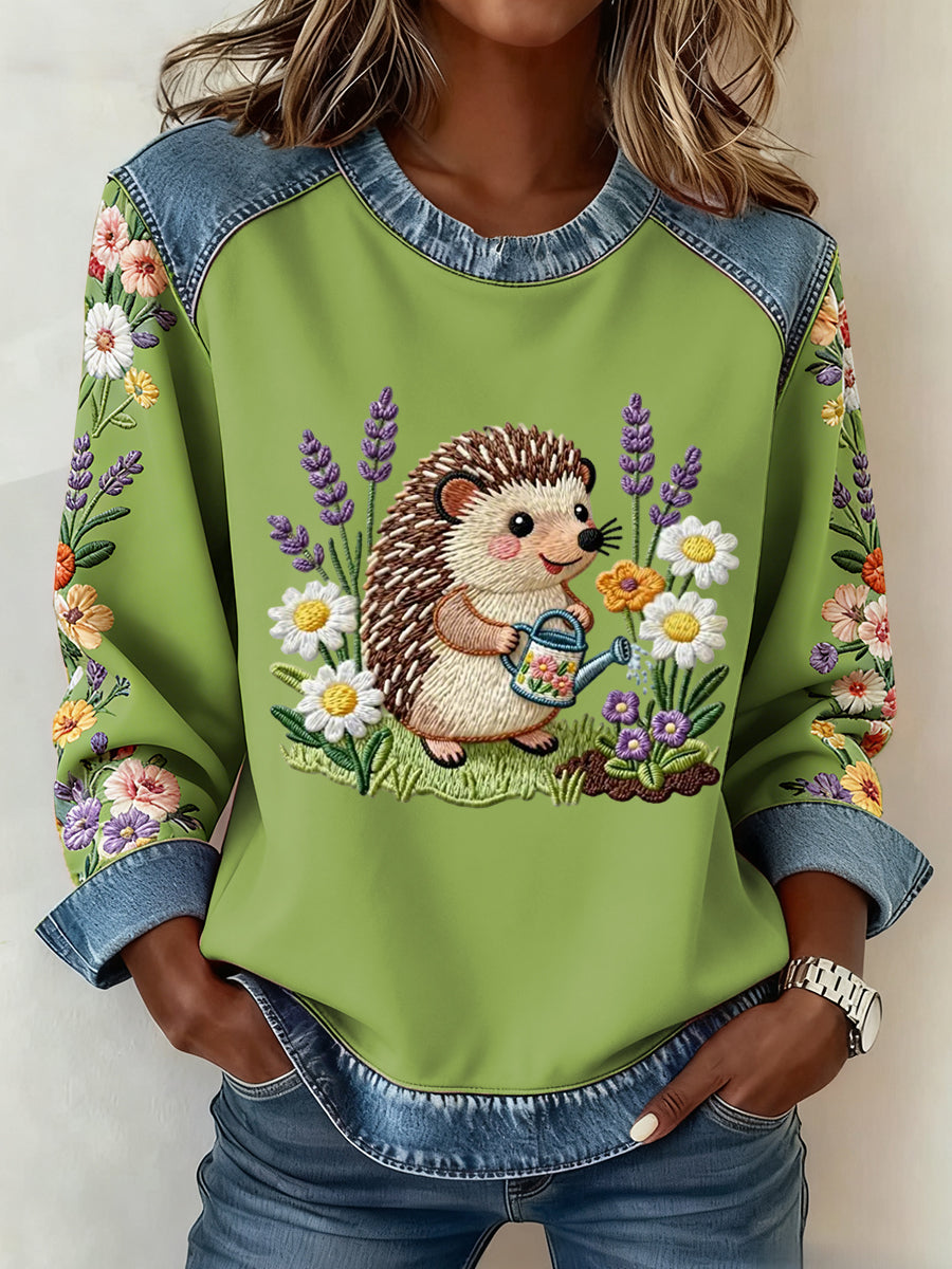 Damen süßes Jeans-Patchwork-Top mit Igel-Print