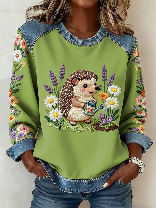 Damen süßes Jeans-Patchwork-Top mit Igel-Print