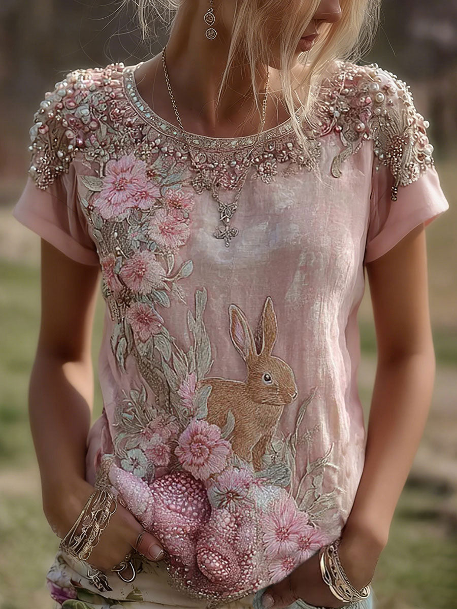 Frauen Kaninchen Blumen druck Casual T-Shirt