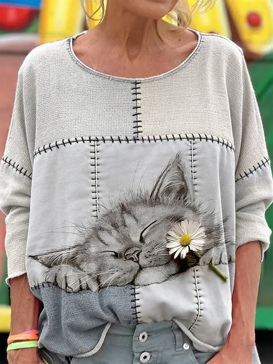 Frauen niedliche Katze Patchwork Kunst bedrucktes Sweatshirt
