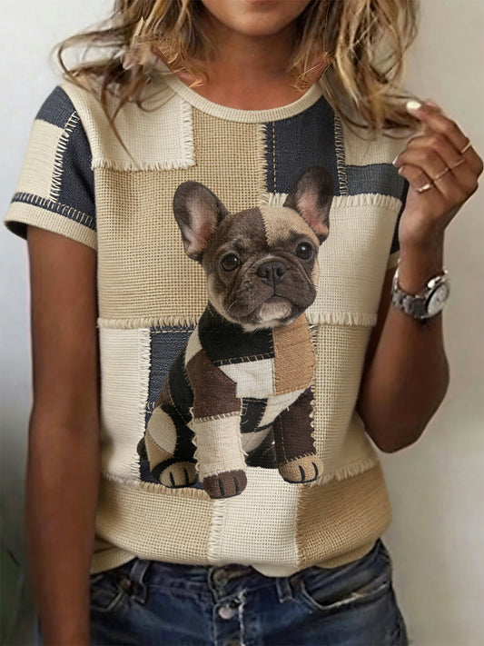 Damen Vintage Leinwand Hund Patchwork bedrucktes T-Shirt
