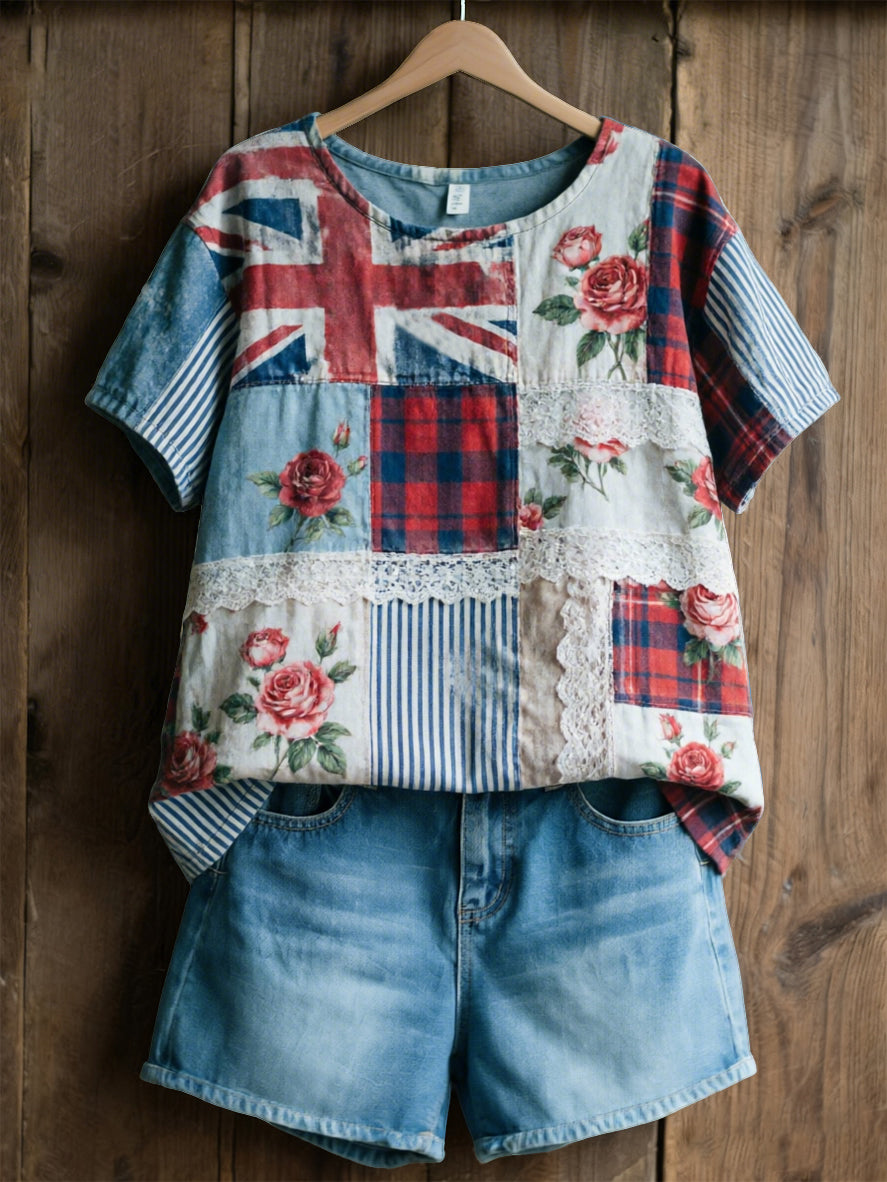 Damen-Patchwork-Blumenprint-Lässiges T-Shirt