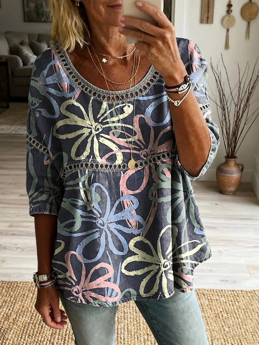 Damen-Top mit floralem Muster, Kunstprint, lässig, runder Ausschnitt, Schnürung