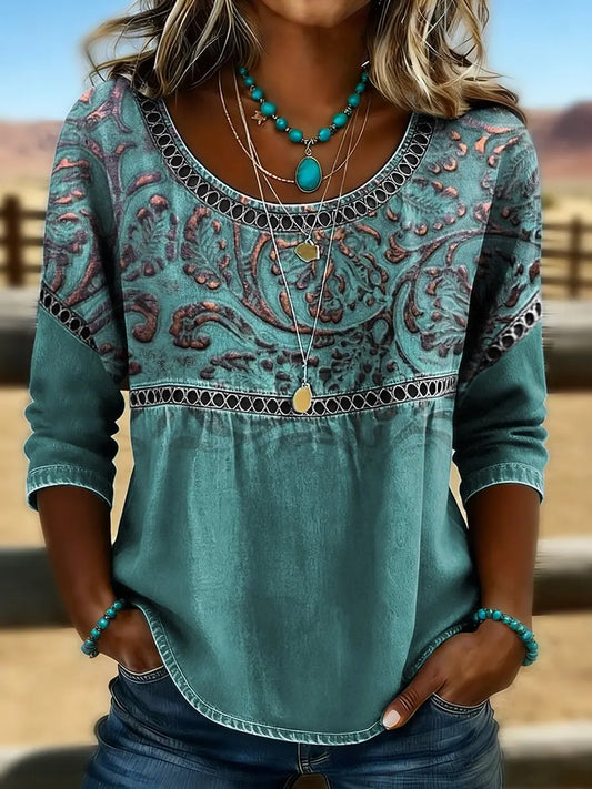 Damen Vintage Western Art Print Casual Top