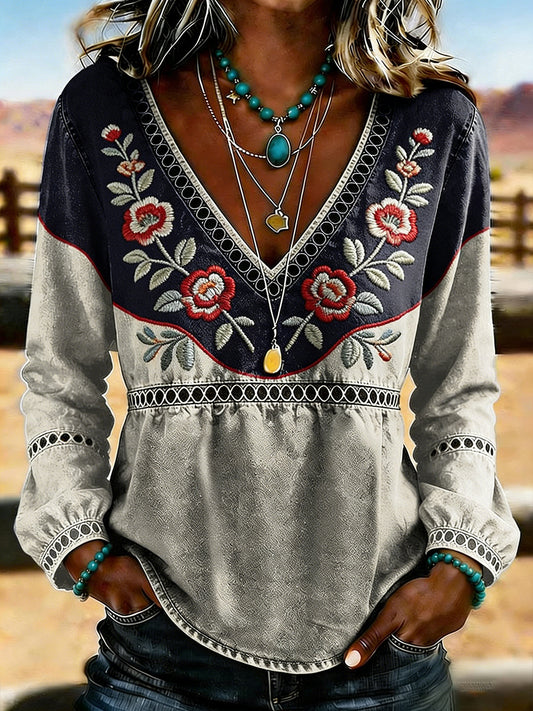 Damen-Western-Vintage-Blumenprint-Lässiges V-Ausschnitt-T-Shirt