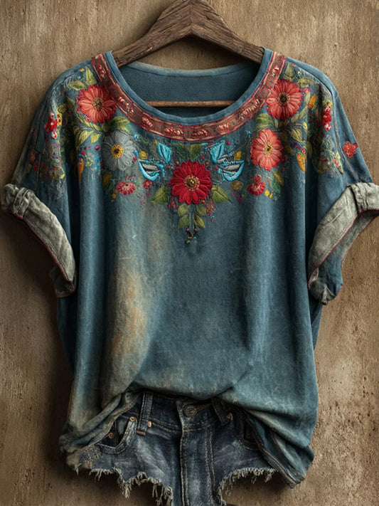 Damen-Vintage-T-Shirt mit Blumen kunst, lässig, kurze Ärmel