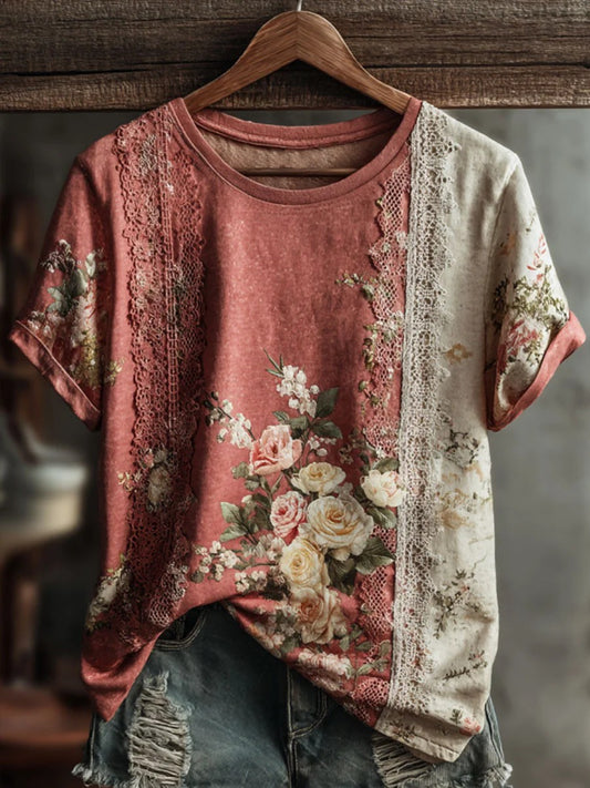 Damen-Vintage-T-Shirt mit Blumen kunst, lässig, kurze Ärmel