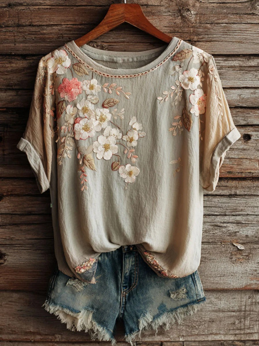 Damen Vintage Blumenkunstdruck Freizeit-Kurzarm-T-Shirt