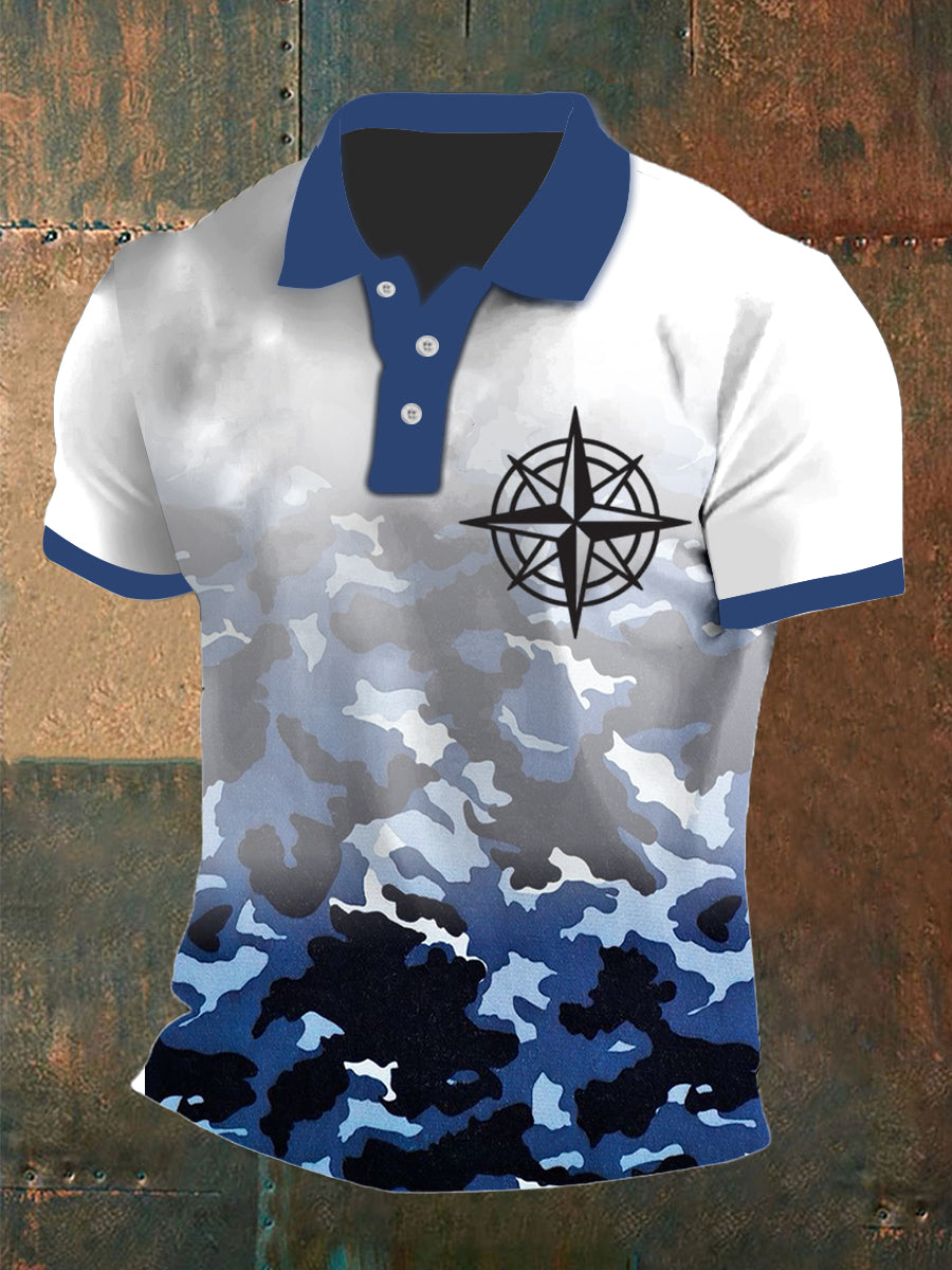 Herren Vintage Marine Camouflage Compass Bedrucktes lässiges Kurzarm-Polos hirt aus Baumwolle
