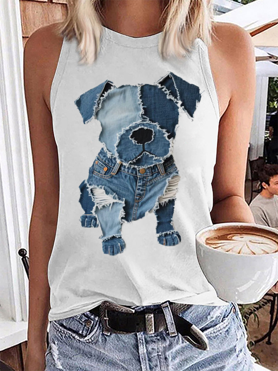 Damen süßes Hundemuster Patchwork Kunst-Trägerhemd