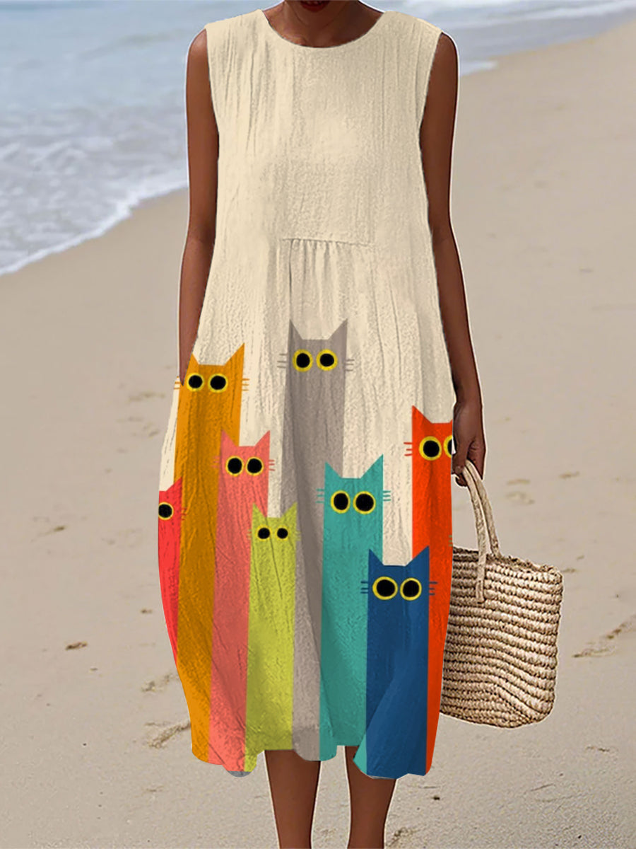 Frauen buntes Katzen-Kunstdruck-Leinen kleid