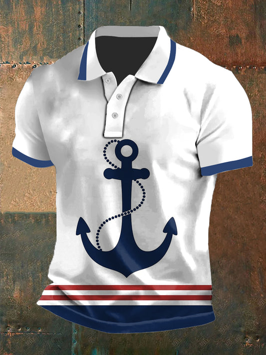 Herren Vintage-Kurzarm-Polo-Shirt mit marineblauem Anker bedruckt, lässig