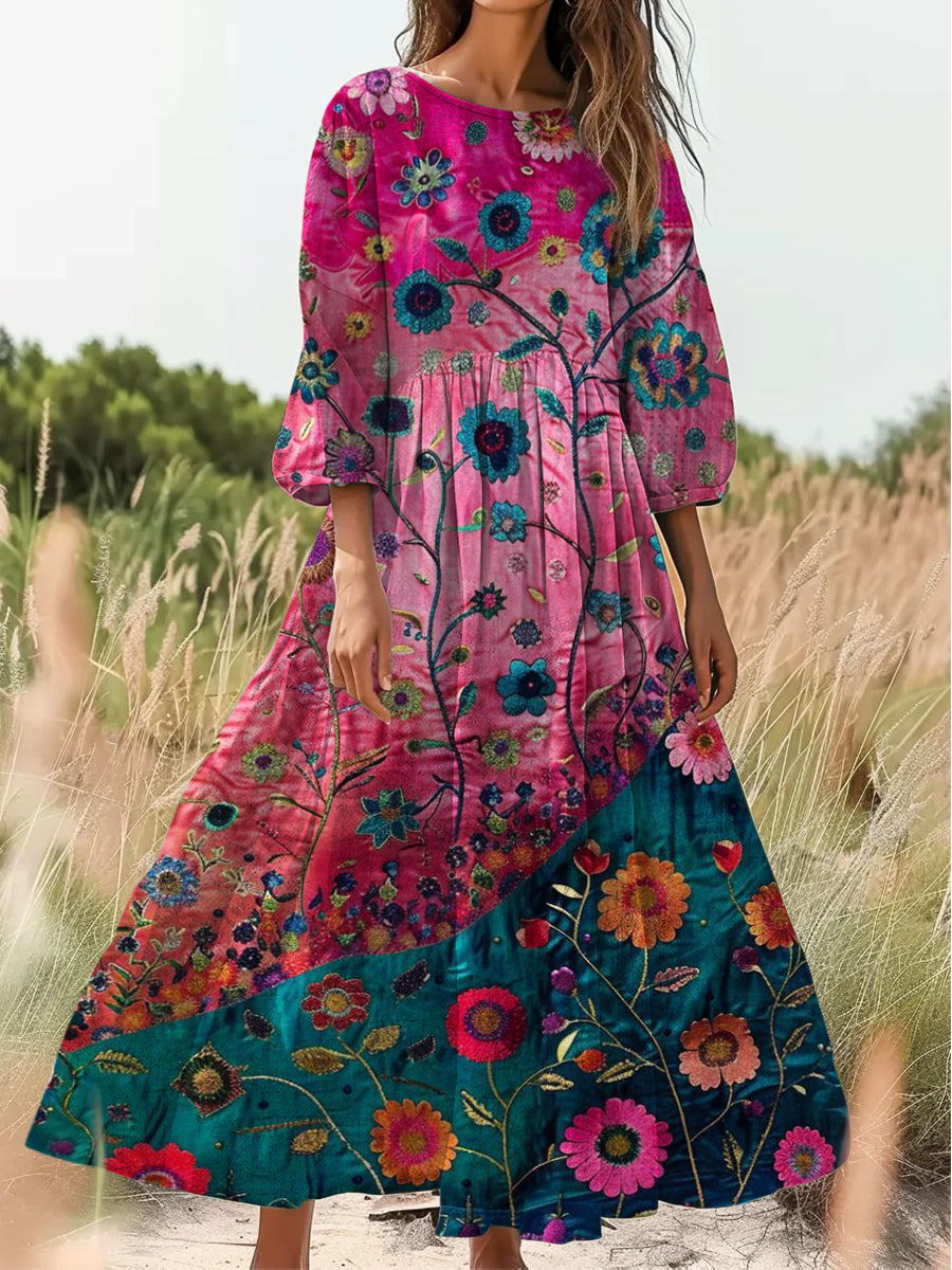 Retro Boho Blumen druck Vintage Chic Rundhals Ausschnitt Baumwolle Langarm Midi kleid
