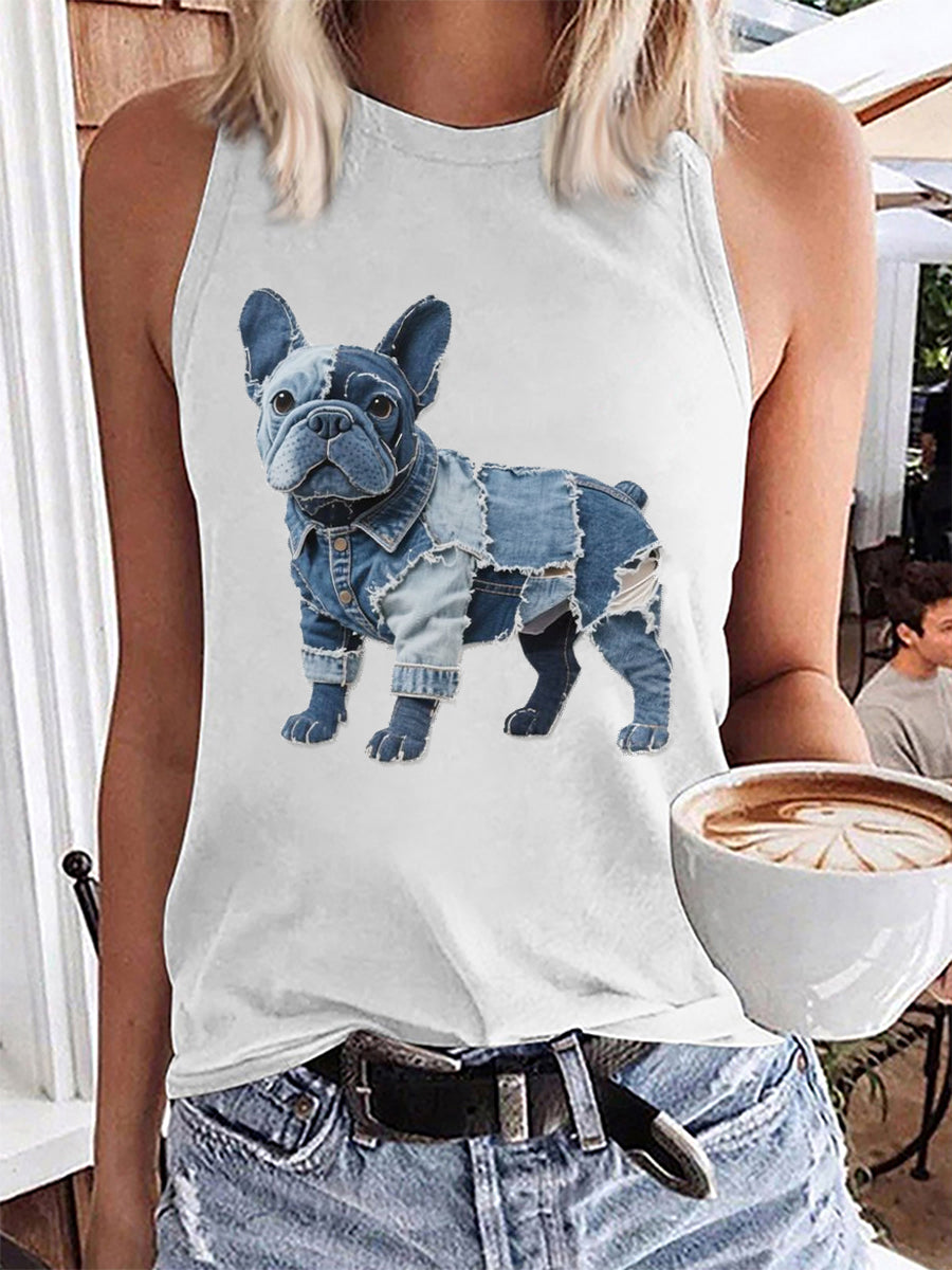 Patchwork-Kunst-Tank-Top für Frauen Bulldogge-Muster