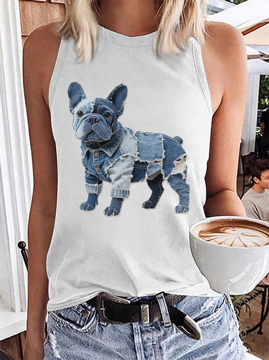 Patchwork-Kunst-Tank-Top für Frauen Bulldogge-Muster