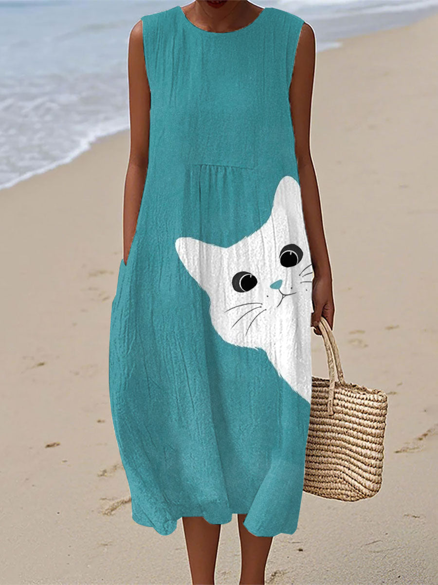Damen süßes Katzenkunstdruck-Leinenkleid
