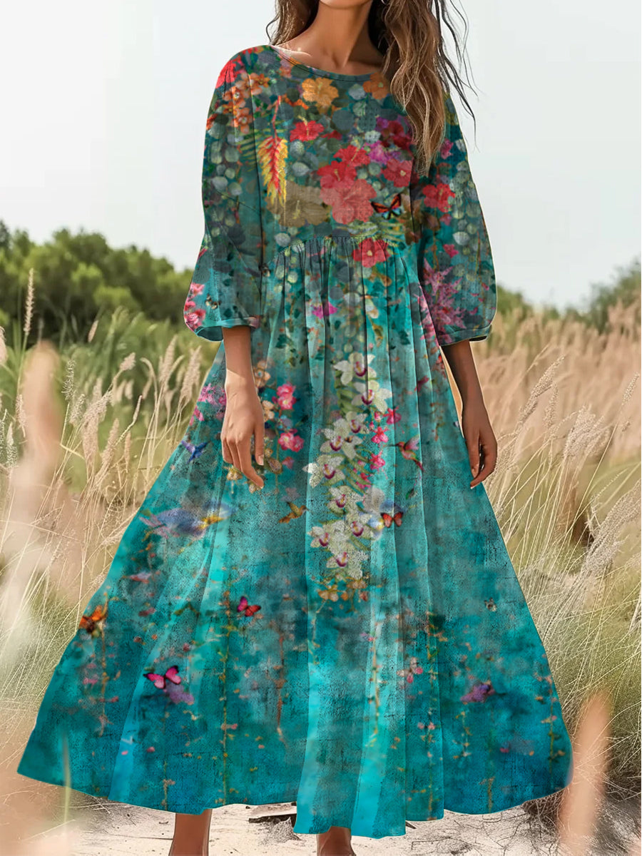 Retro Boho Blumenprint Vintage-Chic Rundhalsausschnitt Baumwolle Langarm Midi-Kleid