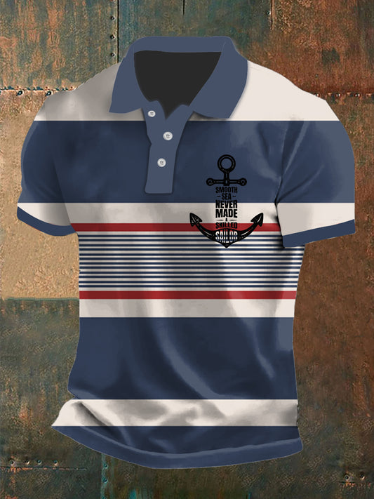 Herren Vintage Marineblau Gestreift Anker Gedruckt Freizeit Baumwolle Kurzarm Polo-Shirt