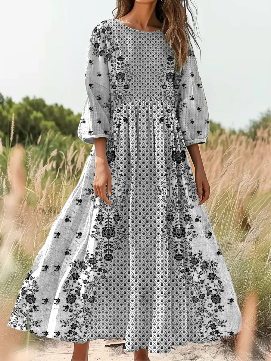 Retro Boho Blumenprint Vintage-Chic Rundhalsausschnitt Baumwolle Langarm Midi-Kleid