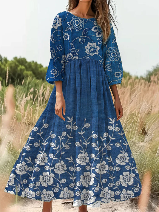 Retro Boho Blumenprint Vintage-Chic Rundhalsausschnitt Baumwolle Langarm Midi-Kleid
