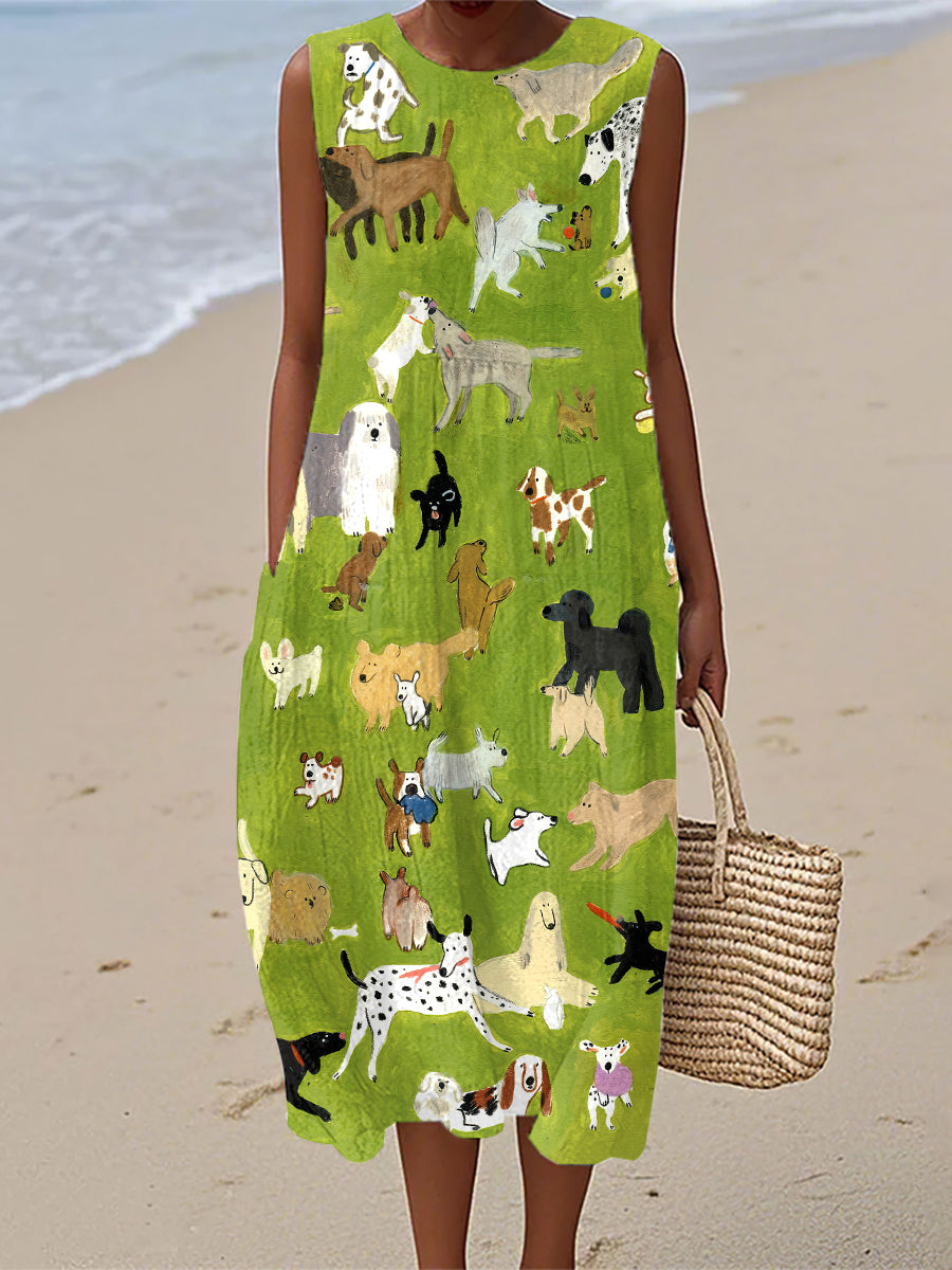 Frauen Ölgemälde Kunst Hunde druck Leinen kleid