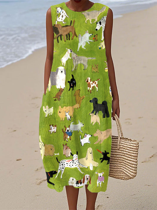 Frauen Ölgemälde Kunst Hunde druck Leinen kleid