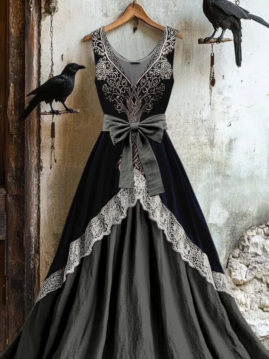 Retro Wikinger Baum des Lebens Totem Druck Vintage V-Ausschnitt Spitze Patch ärmelloses Maxi kleid