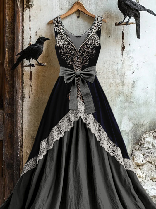 Retro Wikinger Baum des Lebens Totem Druck Vintage V-Ausschnitt Spitze Patch ärmelloses Maxi kleid