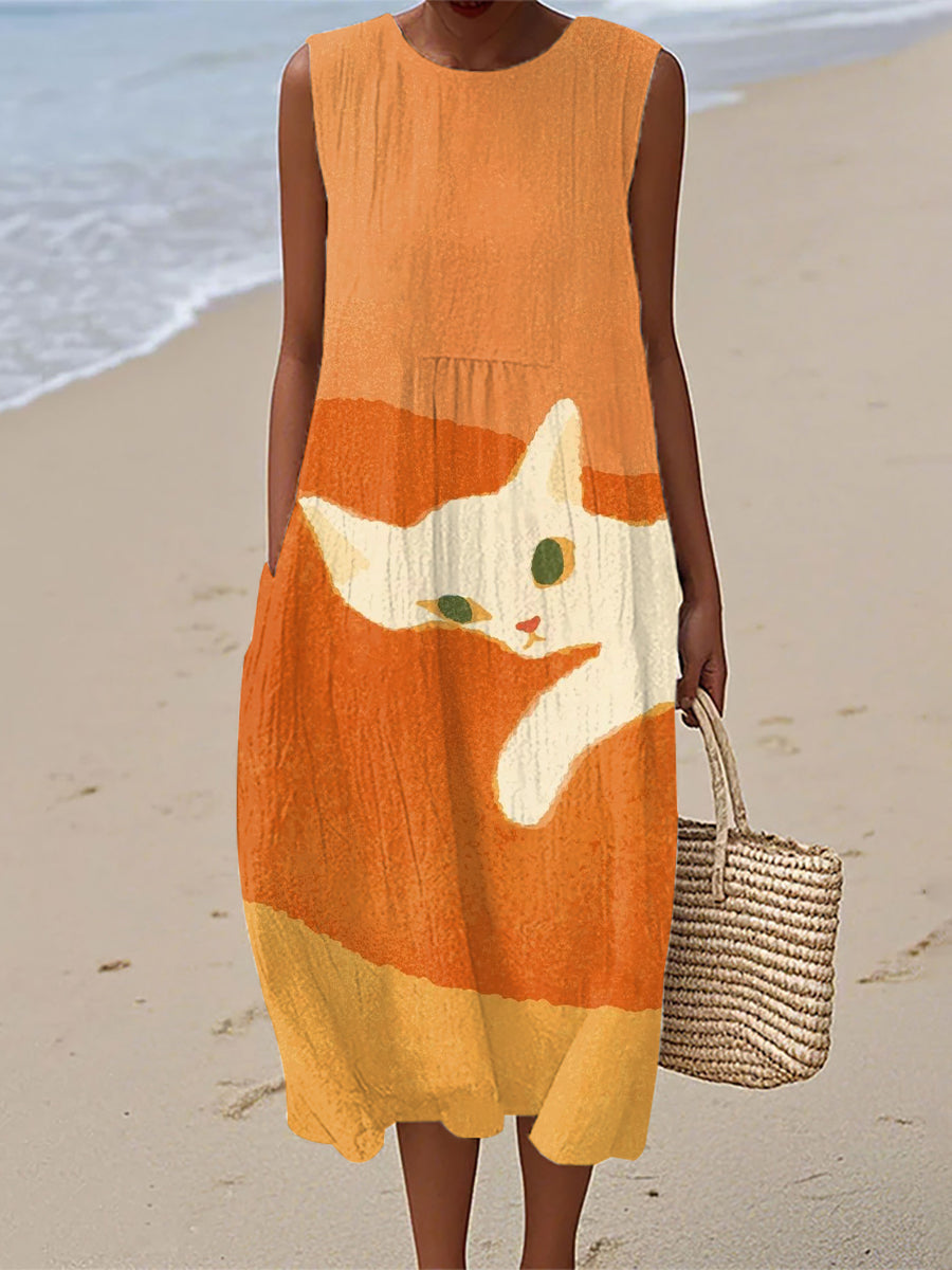 Damen süßes Katzenkunstdruck-Leinenkleid
