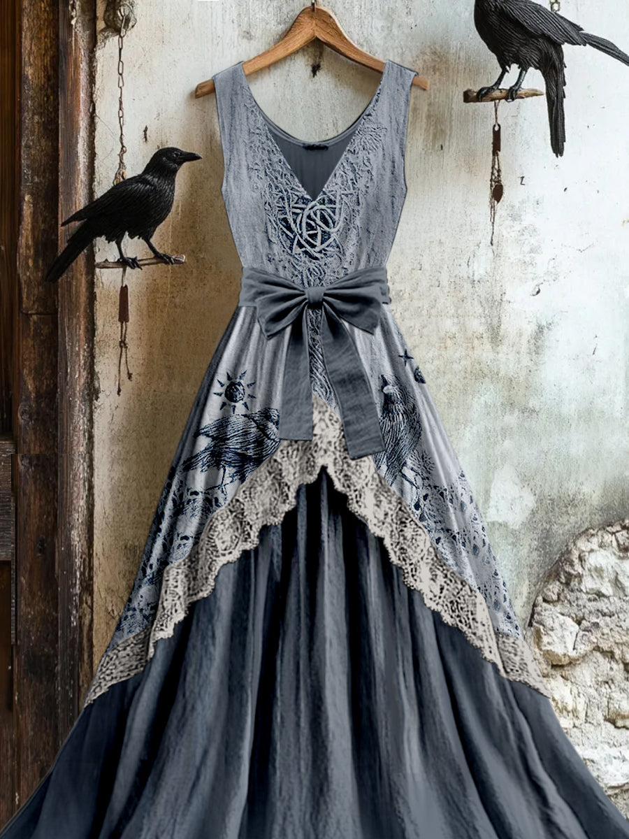 Retro Viking Raven Knotter Totem Print Vintage V-Ausschnitt Spitze Patch Ärmelloses Maxi kleid