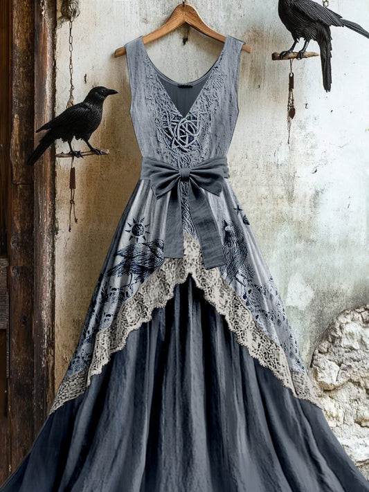 Retro Viking Raven Knotter Totem Print Vintage V-Ausschnitt Spitze Patch Ärmelloses Maxi kleid