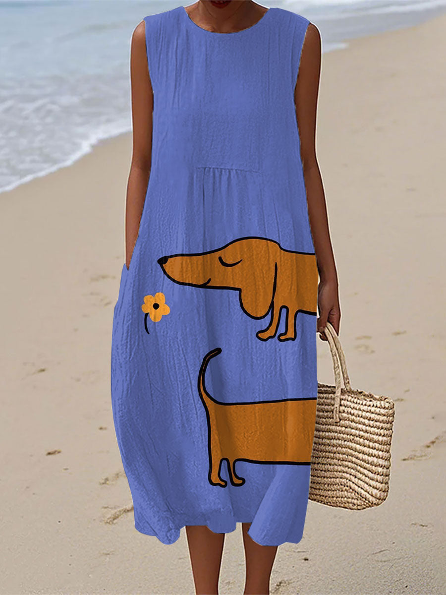 Damen Dackel Kunstdruck Leinen kleid
