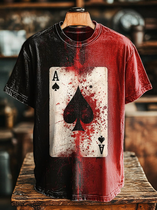 Unisex Vintage Color blocking Pik-Ass gedruckt lässig lose T-Shirt