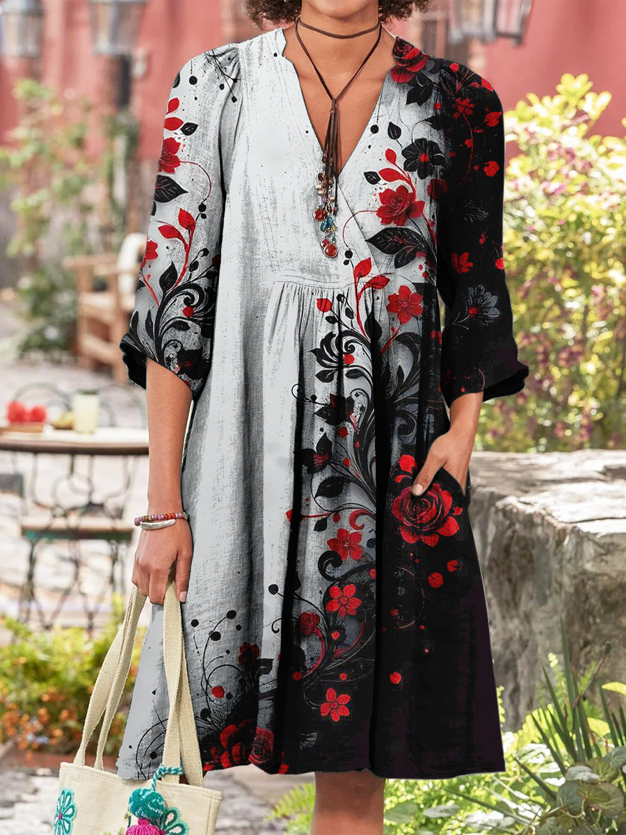 Retro Boho Blumenkunstdruck Vintage-Chic V-Ausschnitt Baumwolle Langarm Midi-Kleid