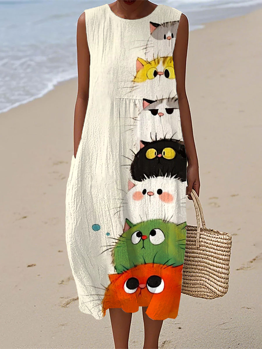 Damen süßes Katzenkunstdruck-Leinenkleid