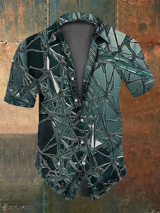 Herren kreatives bedrucktes Freizeithemd mit gebrochenem-Glas-Motiv und kurzen Ärmeln