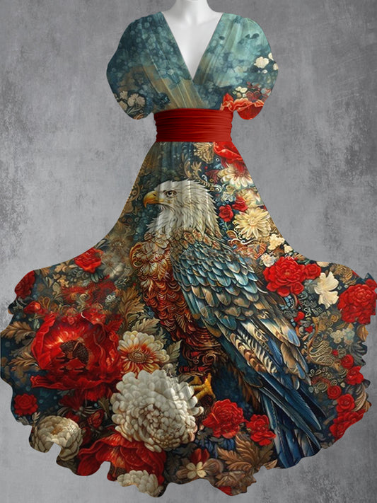 Retro American Eagle Floral Art Bedruckt Elegantes V-Ausschnitt Vintage Kurzarm Maxi kleid