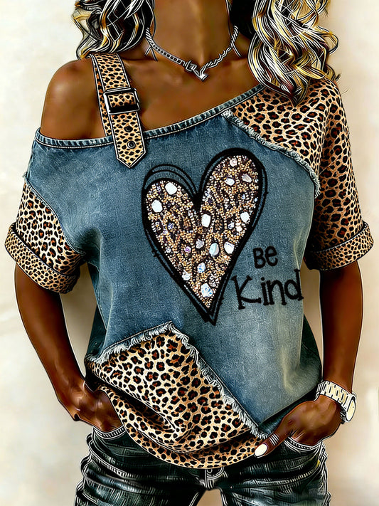 Damen Vintage Leopard Print Herz Patchwork Off-Schulter lässig T-Shirt