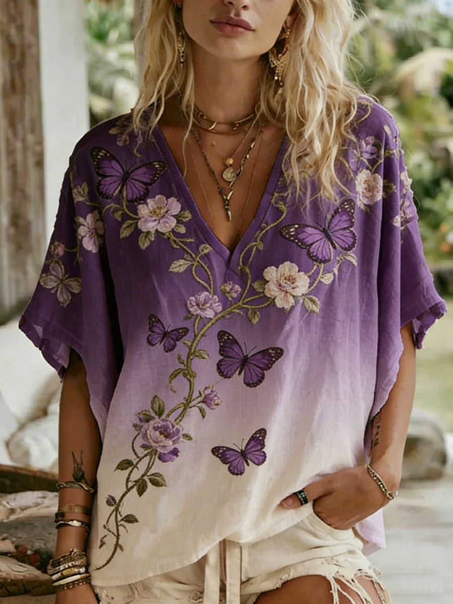 Damen-Floral-Art-Print-Lässiges T-Shirt