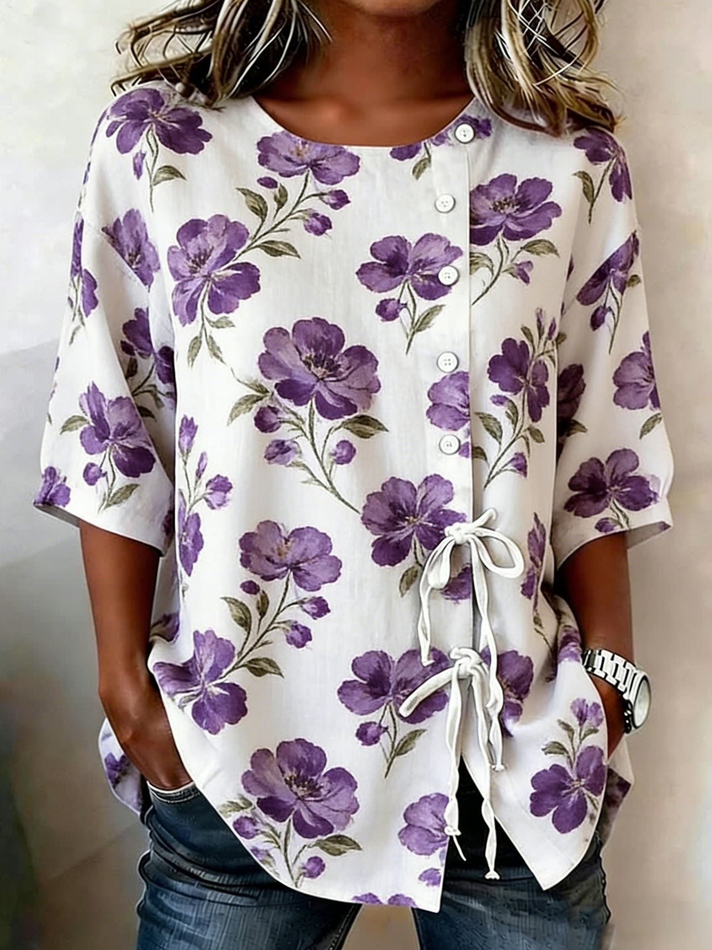 Damen-Hemd mit Blumen knöpfen aus Leinen mischung