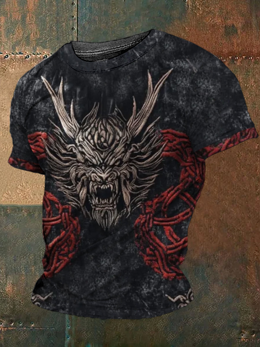 Vintage Wikinger Mythos Drachen Totem Keltischer Knoten bedrucktes Rundhals-Athletisches Kurzarm-T-Shirt
