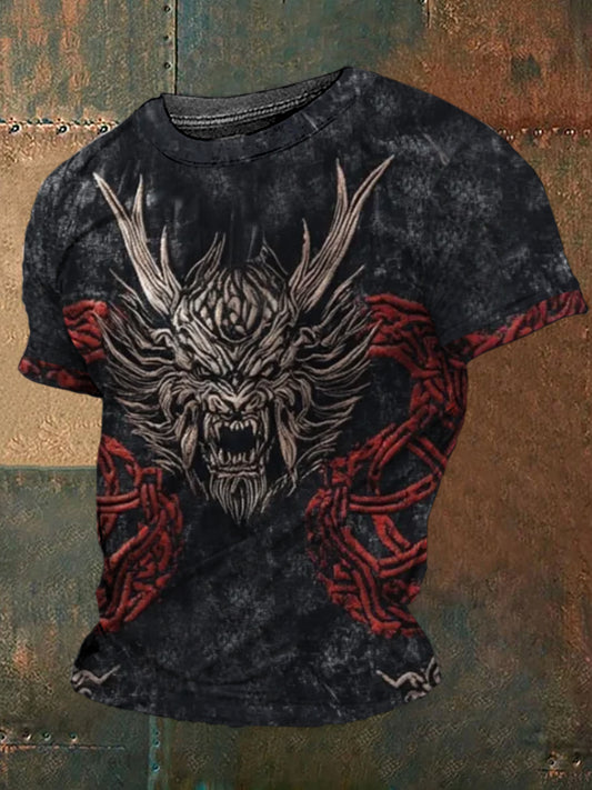 Vintage Wikinger Mythos Drachen Totem Keltischer Knoten bedrucktes Rundhals-Athletisches Kurzarm-T-Shirt