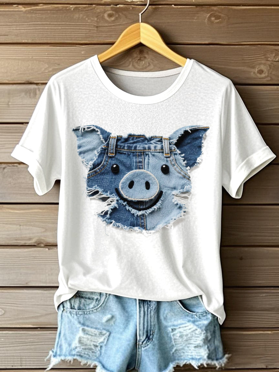 Frauen Lustiges Schwein Patchwork Kunst Kurzarm T-Shirt
